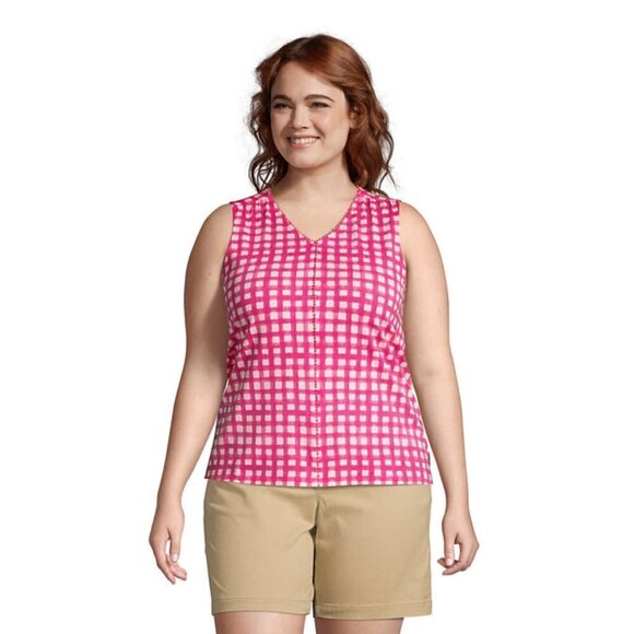 Lands End GINGHAM Tank Size LP TOP Sleeveless V-NECK Tunic POM POMS Cotton MODAL - Picture 1 of 9